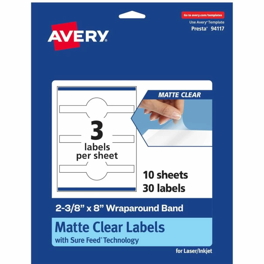 Avery Matte Clear Cigar Band Labels, 2-3/8" x 8", 30-Pack, Laser/Inkjet Printable, Sure Feed Technology, Wraparound Labels
