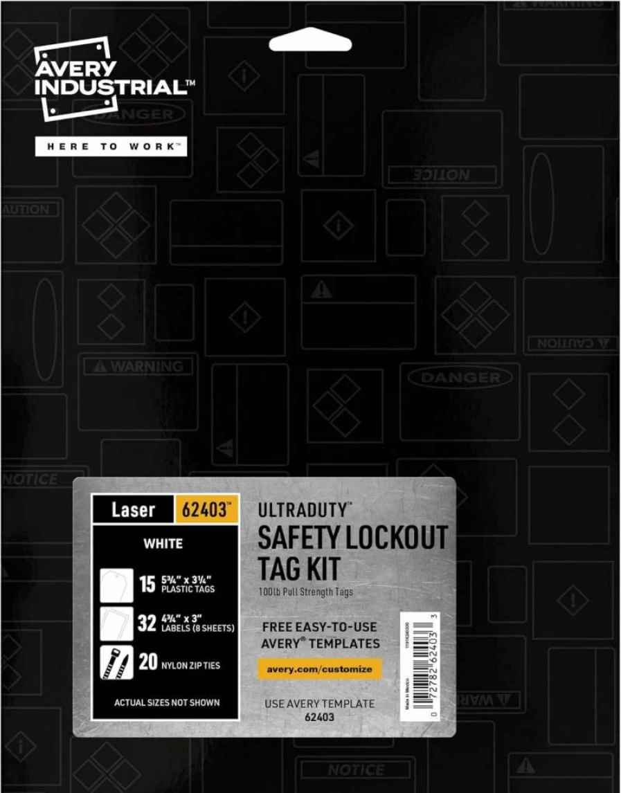 AVERY 62404 Ultraduty Lockout Tagout Kit - 15 Printable Tags, 5.75"x3.25", 100LB Strength, LOTO Safety Tags for Equipment
