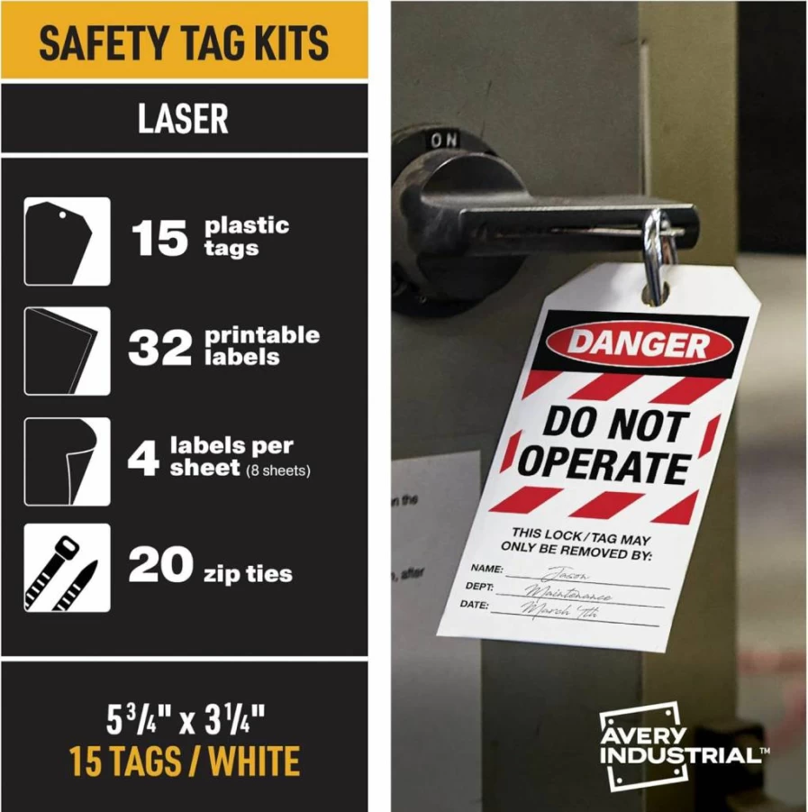 AVERY 62404 Ultraduty Lockout Tagout Kit - 15 Printable Tags, 5.75"x3.25", 100LB Strength, LOTO Safety Tags for Equipment