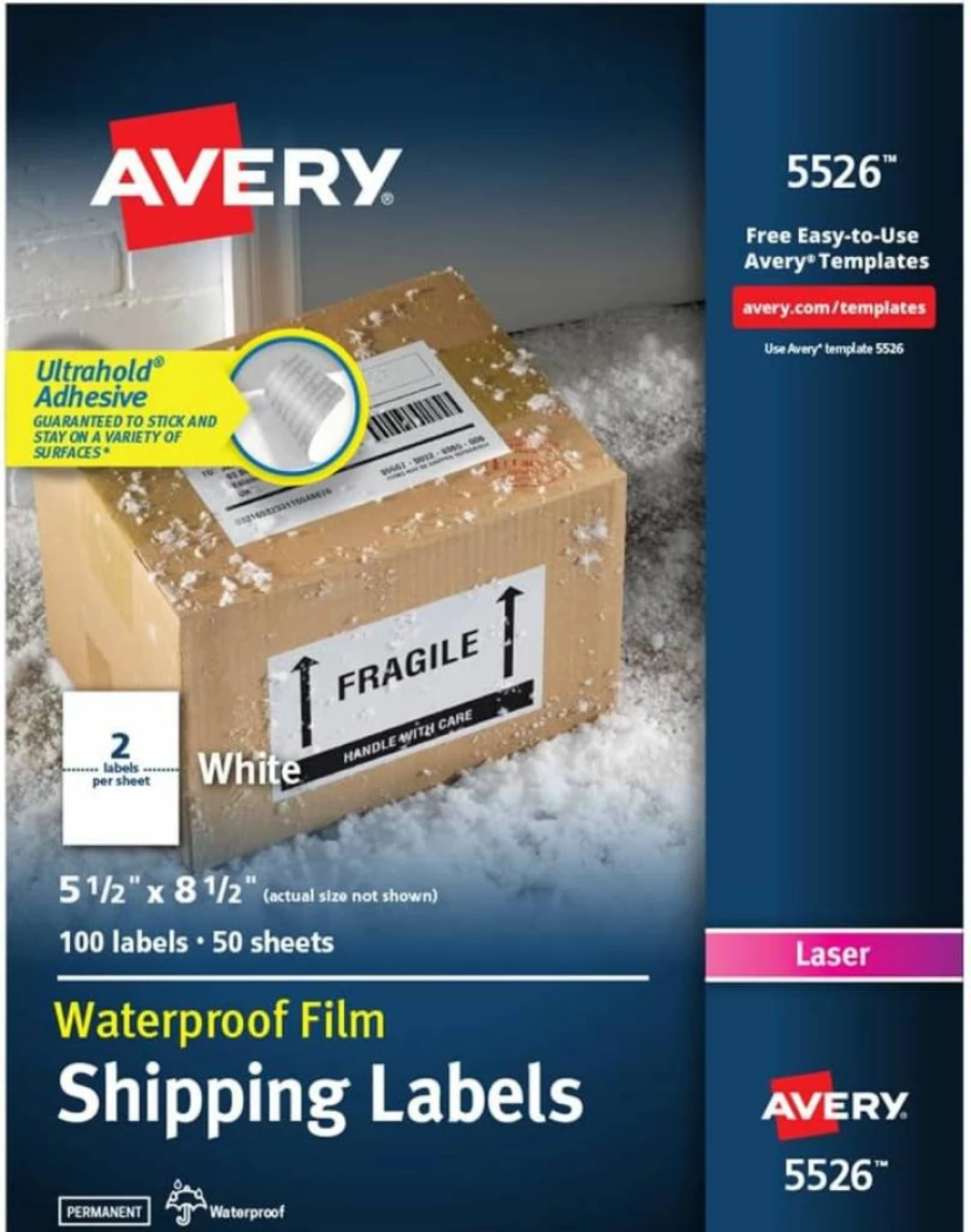 AVERY 5526 Ultrahold Waterproof Labels 5.5" x 8.5" for Laser Printers - 500 Labels per Case, Durable Adhesive for Long-Lasting Use