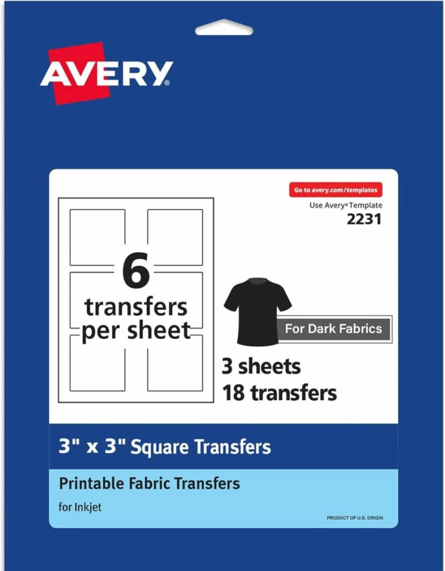 AVERY 3" x 3" Dark T-Shirt Iron-On Transfer Paper - 18 Pre-Cut Sheets, Print to Edge, Heat Activated (02231)