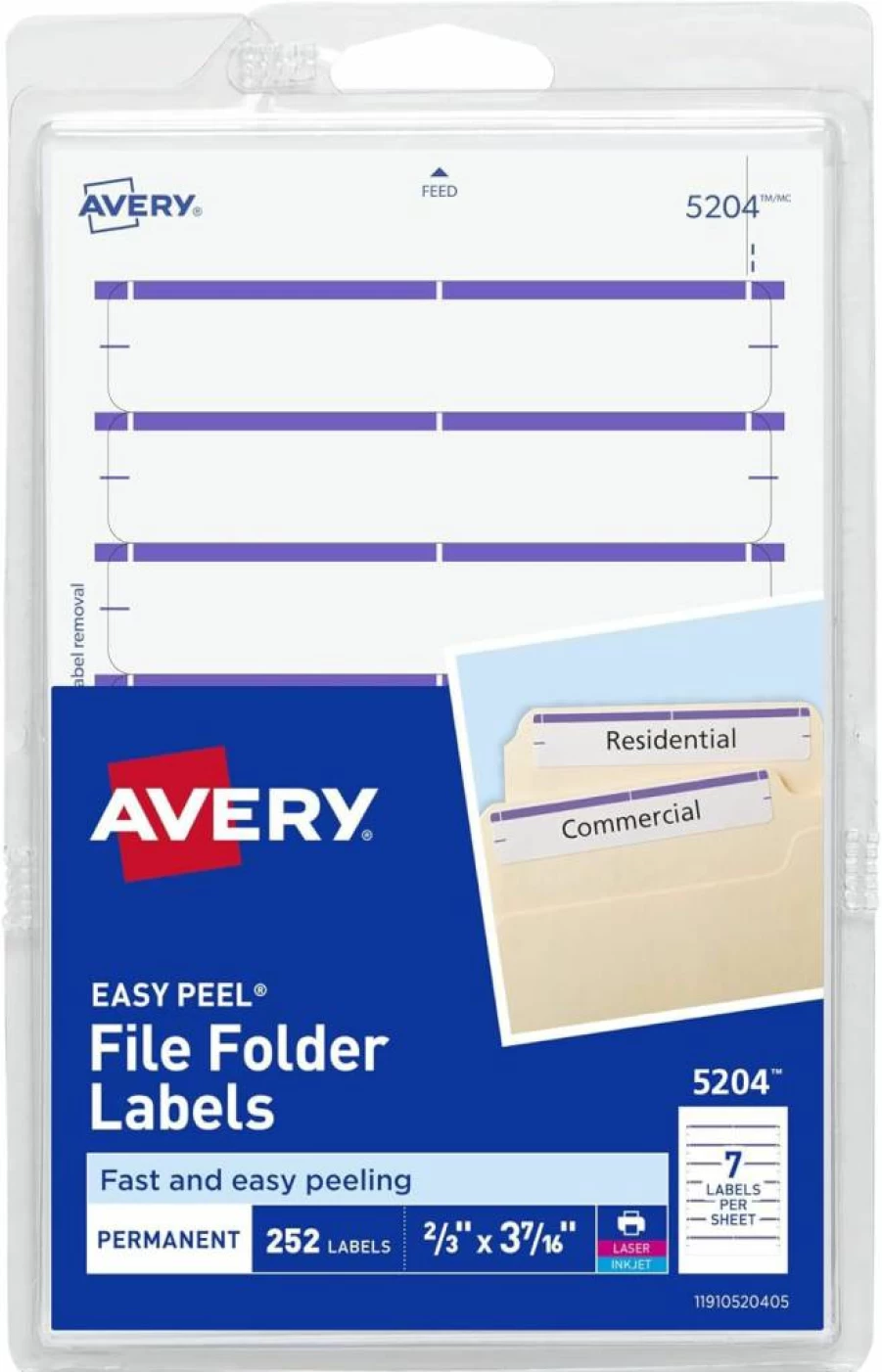 Avery 5204 Easy Peel File Folder Labels, 2/3" x 3-7/16", White/Purple, 252 Labels per Pack, Printable or Writable, 4" x 6" Sheets