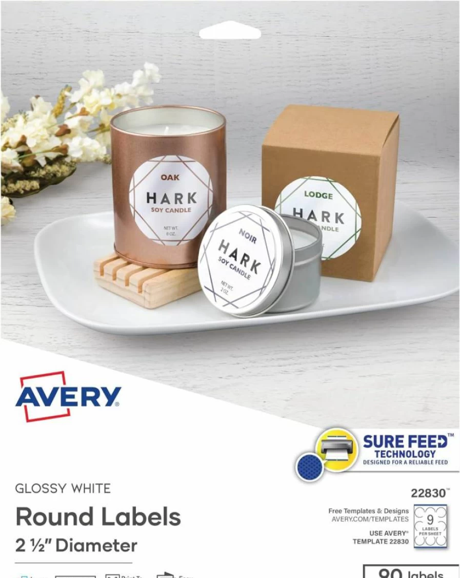 AVERY 22856 Round Waterproof Labels, 2.5" Diameter, White, 72-Pack, Compatible with Laser & Inkjet Printers, Sure Feed Technology, Durable Customizable Blank Stickers