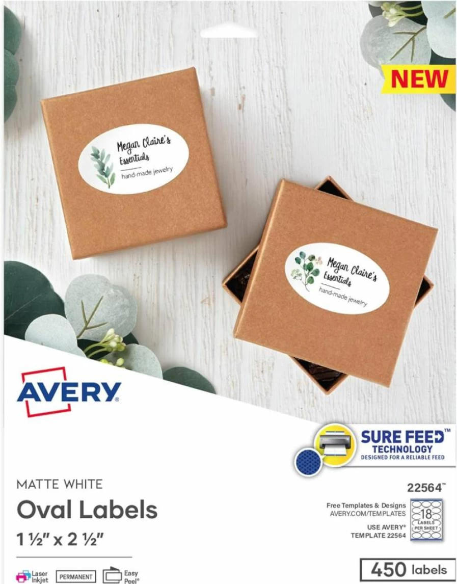 AVERY Matte White Printable Oval Labels, 2" x 3.33", 200 Customizable Blank Labels for Printing (22570)