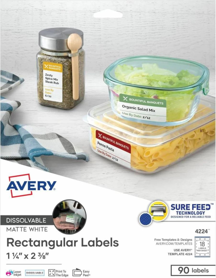 AVERY 4224 Printable Dissolvable White Labels, 1.25" x 2.375" Rectangle, 90 Customizable Self-Adhesive Stickers for Laser/Inkjet Printers