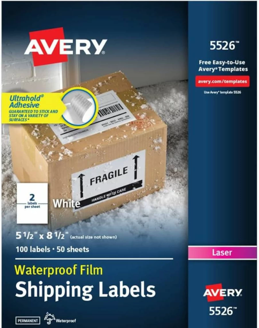 Avery 5526 Waterproof Printable Shipping Labels, 5.5" x 8.5", White, 100 Blank Mailing Labels with Sure Feed Technology