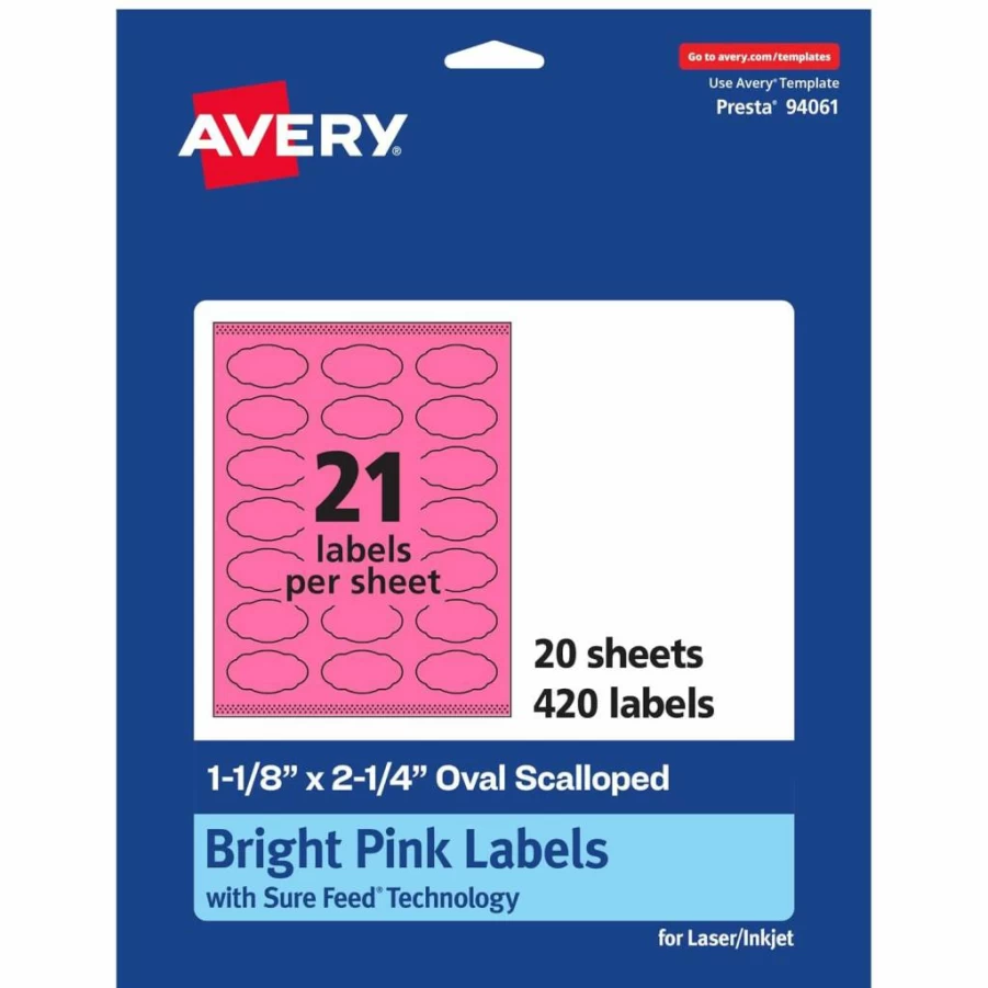 Avery Bright Pink Printable Oval Scalloped Labels, 1-1/8" X 2-1/4", Sure Feed Technology, 210 Pack, Laser/Inkjet Compatible, Print-To-The-Edge Design for Candles, Jars & Crafts