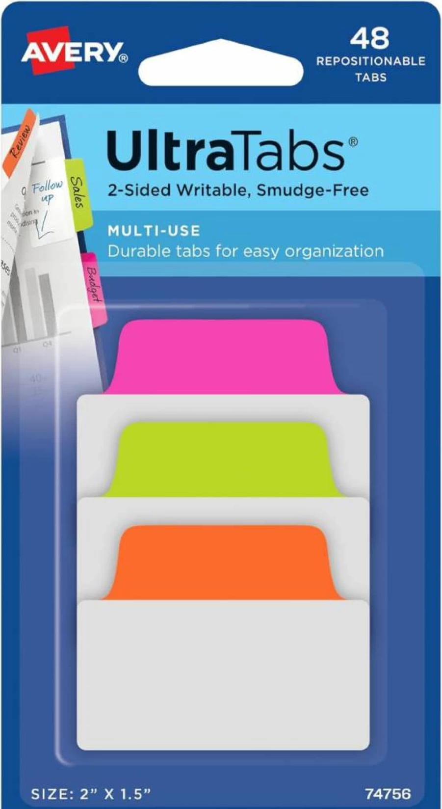 AVERY Neon Repositionable Tabs, 2" x 1.5", 2-Sided Writable, Multi-Color (Pink/Green/Orange), 48-Pack for Organizing Files & Documents
