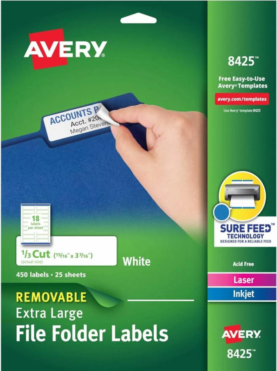Avery 8425 Removable Adhesive File Folder Labels, Extra Large 15/16" x 3-7/16", Matte White, 450-Pack
