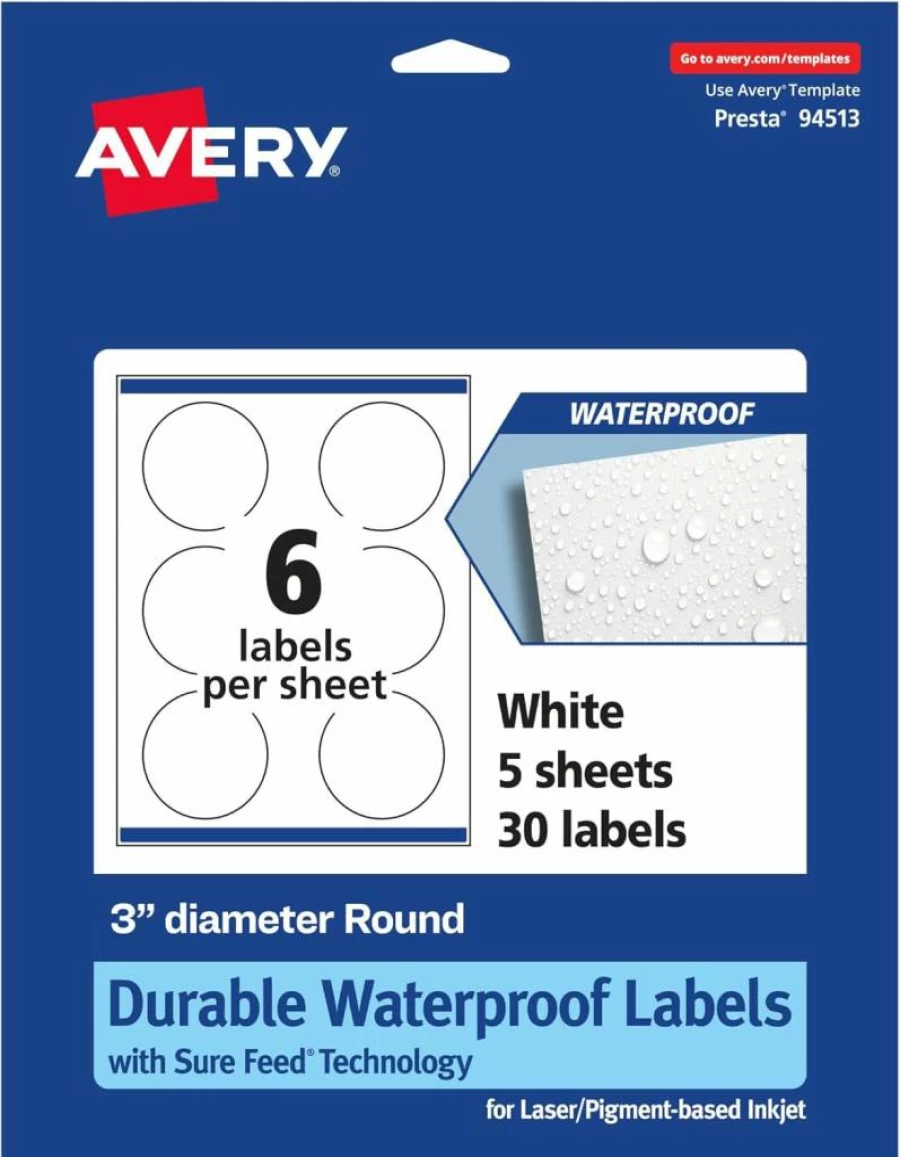 Avery Round Waterproof Labels 3" - 30 Pack, Tear & Oil Resistant, Laser/Inkjet Printable, Sure Feed Technology, Edge-to-Edge Printing