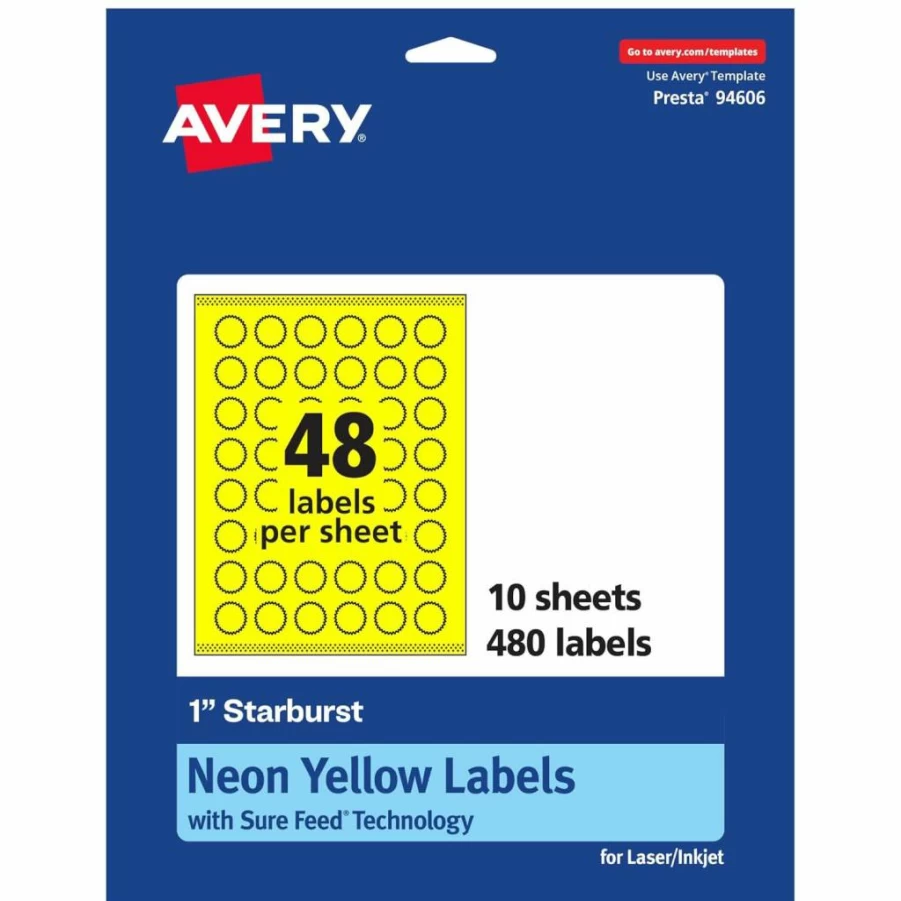 Avery Neon Yellow Printable Starburst Labels, 1" Round, Sure Feed Technology, 960 Pack for Laser/Inkjet Printing, Mailing Seals & Planner Stickers