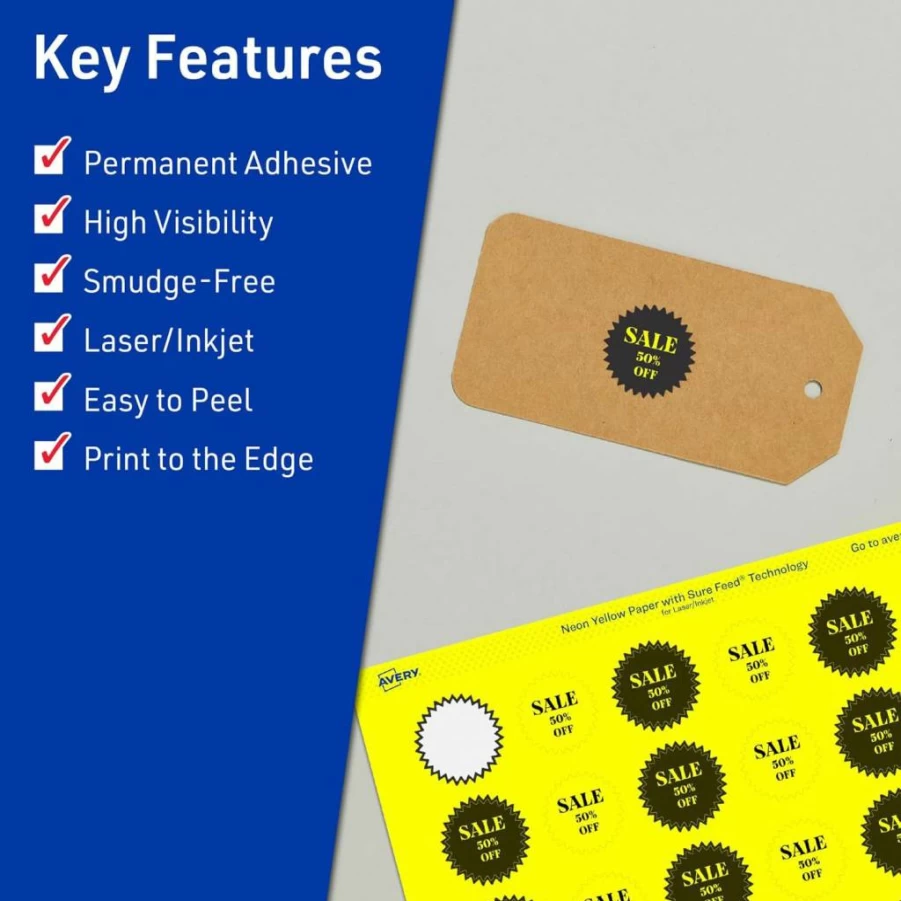 Avery Neon Yellow Printable Starburst Labels, 1" Round, Sure Feed Technology, 960 Pack for Laser/Inkjet Printing, Mailing Seals & Planner Stickers