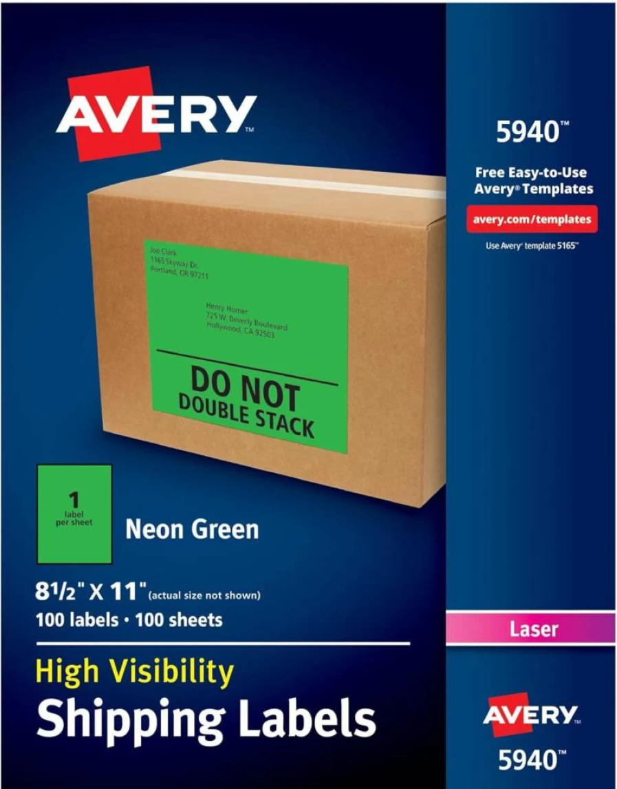 Avery 5975 Neon Shipping Labels - Laser Printable, 15-Pack Assorted Colors (Green, Pink, Yellow) for Bright Packaging & Mailings