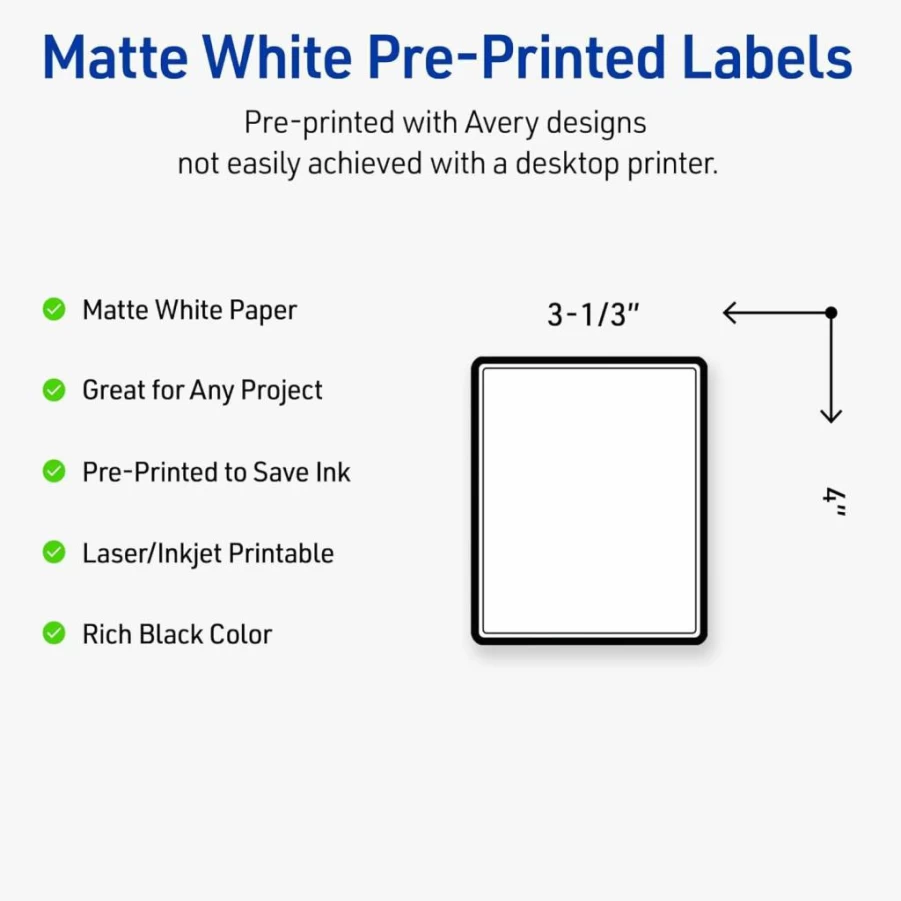 AVERY Gold Double-Dipped Edge Printable Labels, 4" x 3-1/3" Matte White Permanent Rectangle Labels, 40Ct for Laser/Inkjet, Ideal for Product Merchandising