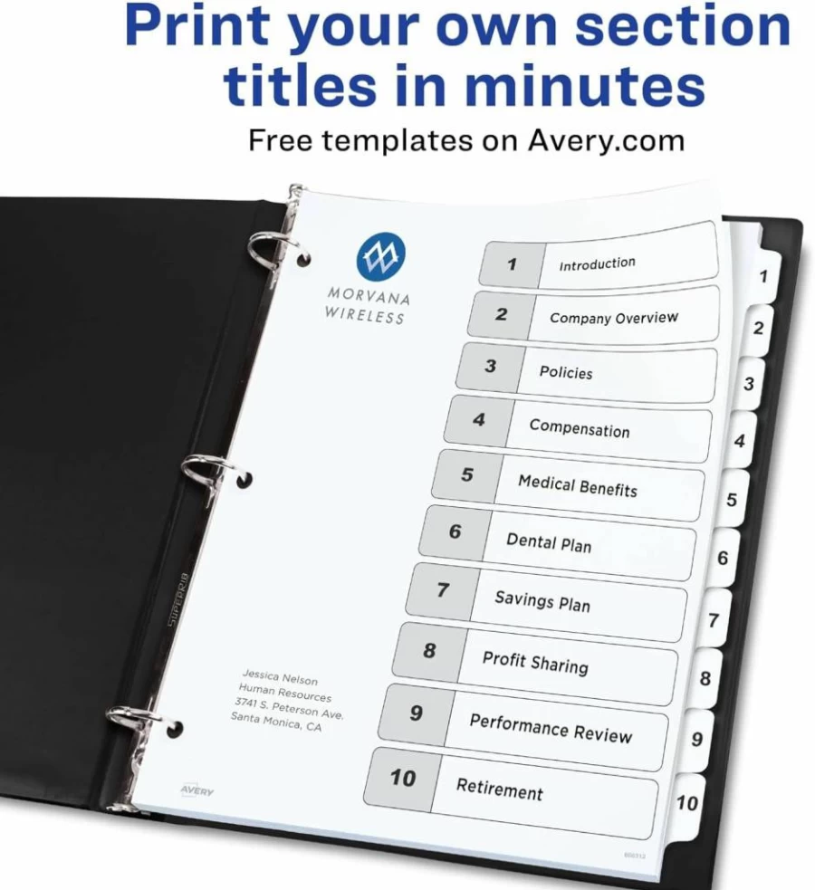 AVERY 10-Tab Customizable Dividers for 3-Ring Binders with White Tabs, 6 Sets (11823) - Organize with Table of Contents