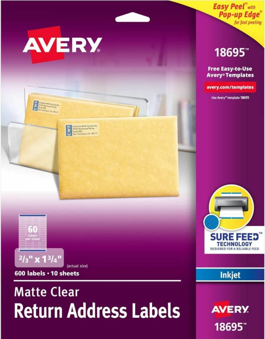 Avery 18695 Printable Return Address Labels, 2/3" x 1-3/4", Matte Clear, 600 Blank Mailing Labels with Sure Feed Technology