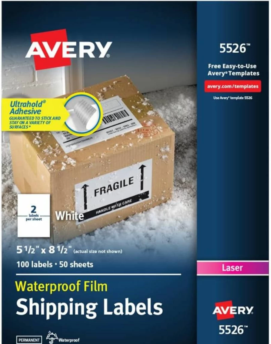 Avery 95526 Ultrahold Waterproof Labels 5.5" x 8.5" for Laser Printers - Case of 1,000 Sheets
