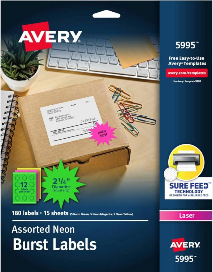 Avery 5995 Neon Address Labels for Laser Printers, 2-1/4" Assorted Colors, 180 Sure Feed Burst Labels