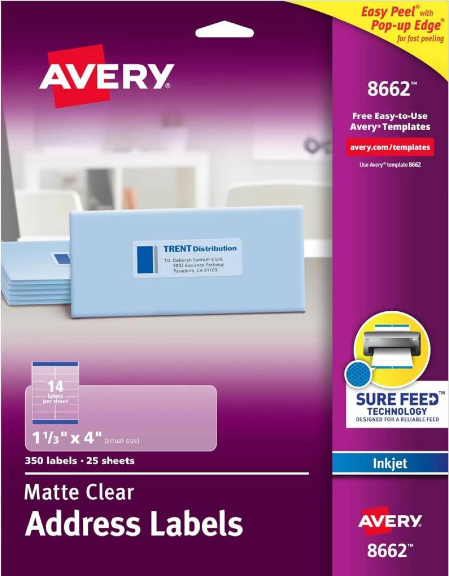 AVERY 08662 Printable Address Labels 1-1/3" x 4", Sure Feed Matte Clear Mailing Labels, 350 Sheets Pack