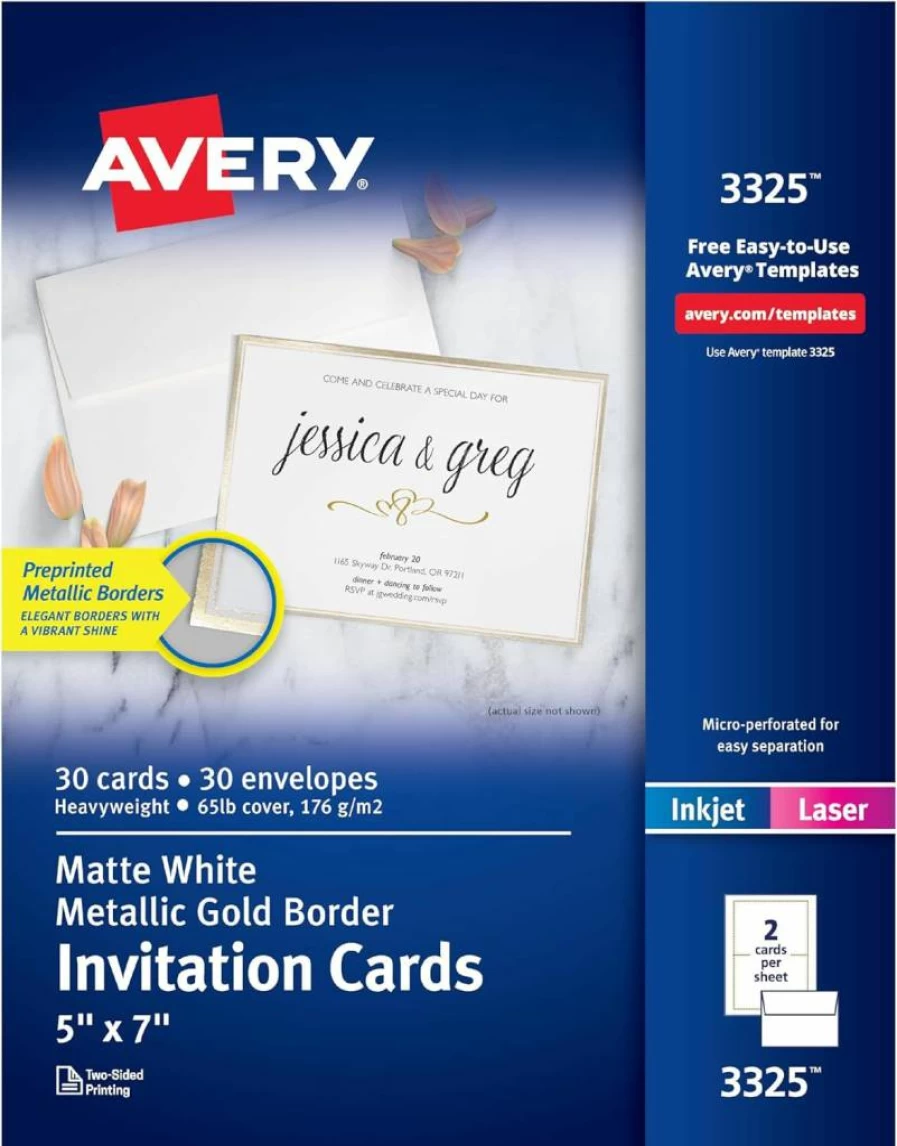 AVERY 5x7 Inch White & Gold Invitation Cards with Envelopes, 30-Pack for Laser/Inkjet Printers (3325)