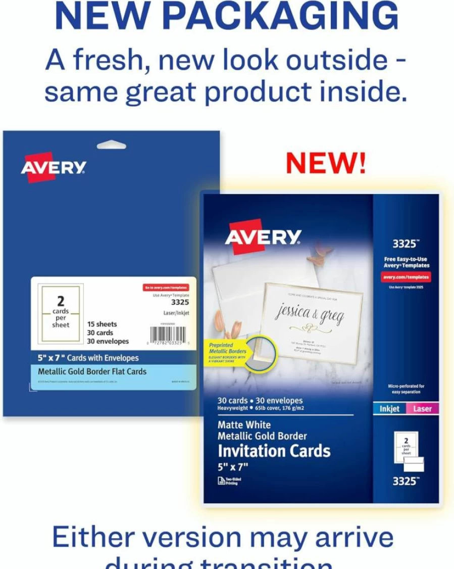 AVERY 5x7 Inch White & Gold Invitation Cards with Envelopes, 30-Pack for Laser/Inkjet Printers (3325)
