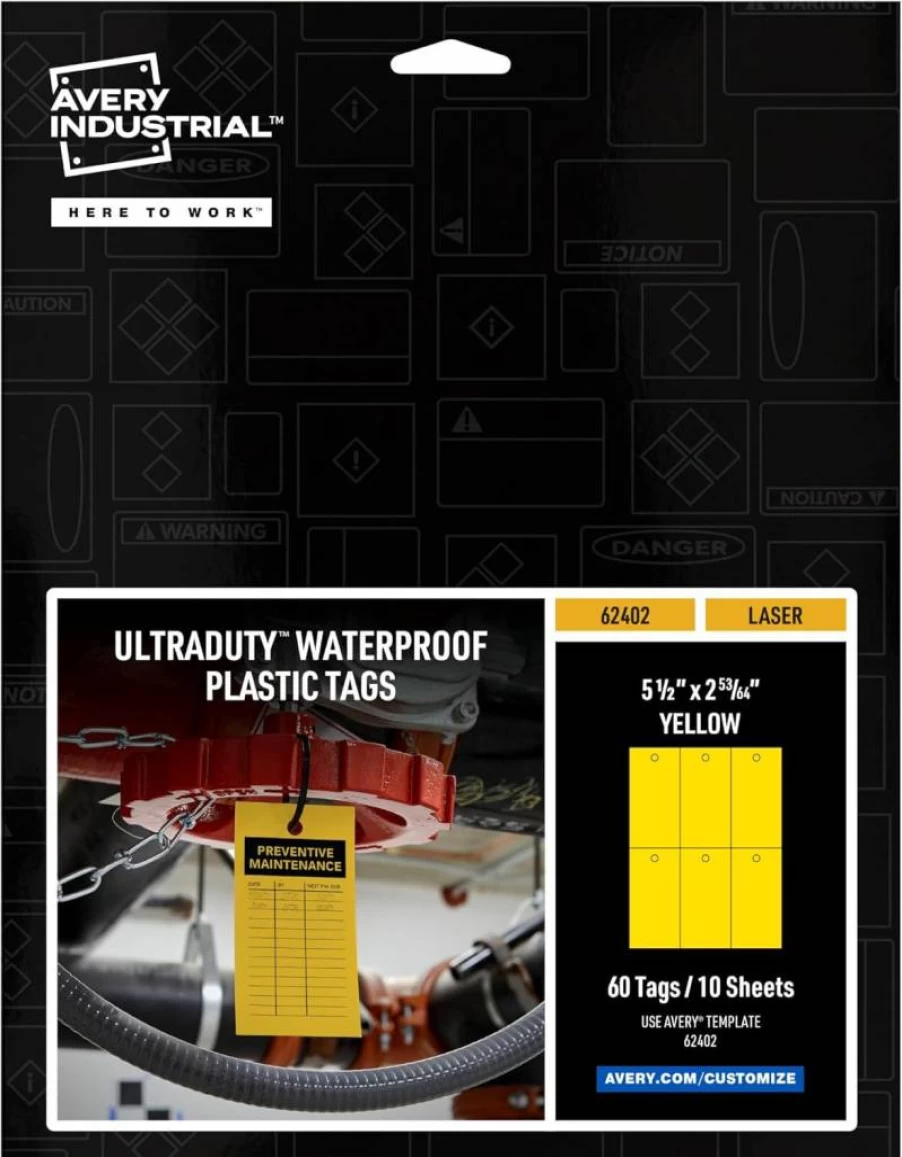 AVERY Ultraduty Printable Plastic Hang Tags, 5.5" x 2.83", Yellow Blank Tags, 50lb Strength, 60-Pack (62402) for Retail Labeling