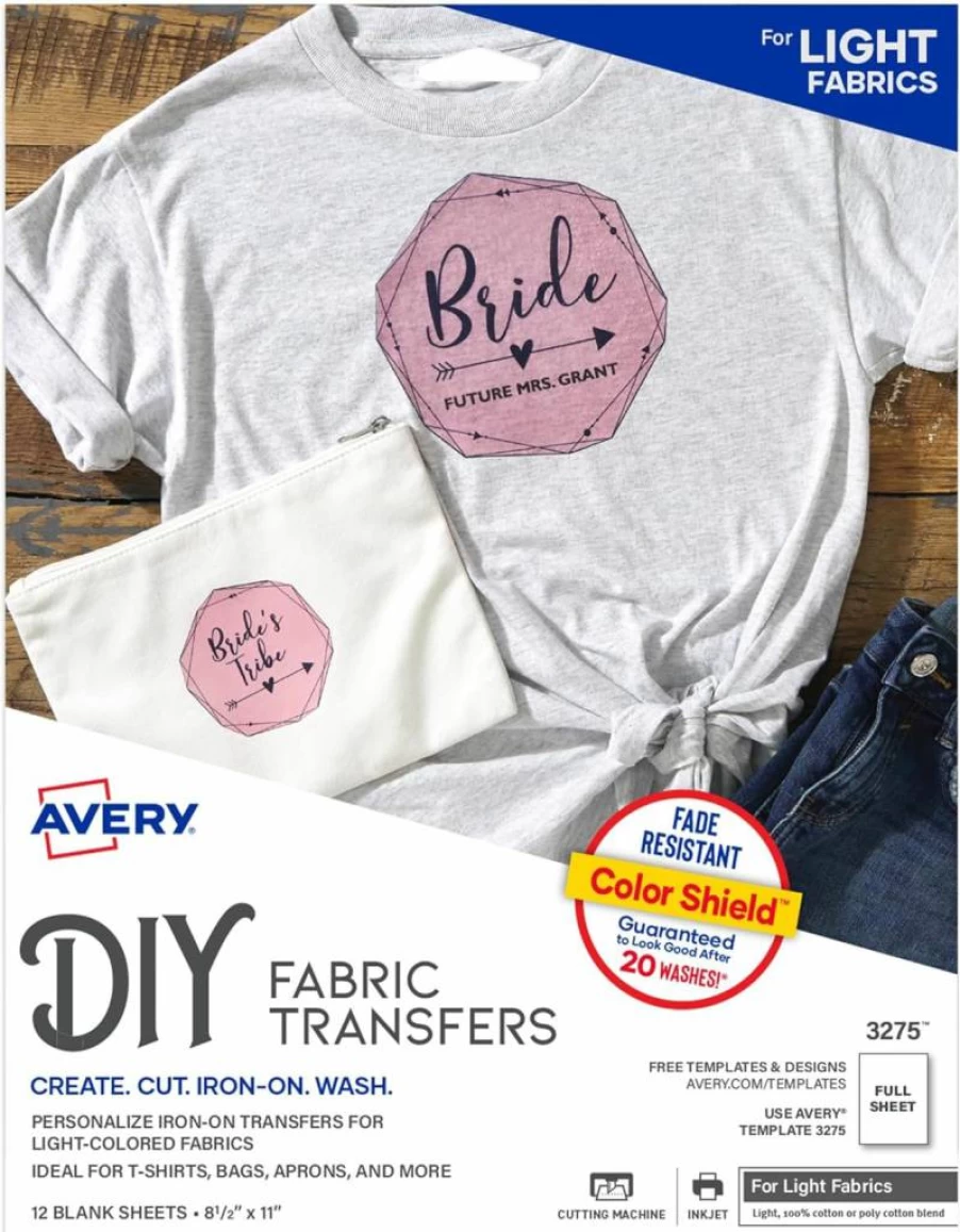 AVERY 3275 Printable Heat Transfer Paper for Light Fabrics, 8.5" x 11" Sheets, Inkjet Printer Compatible, 12-Pack Iron-On Transfers