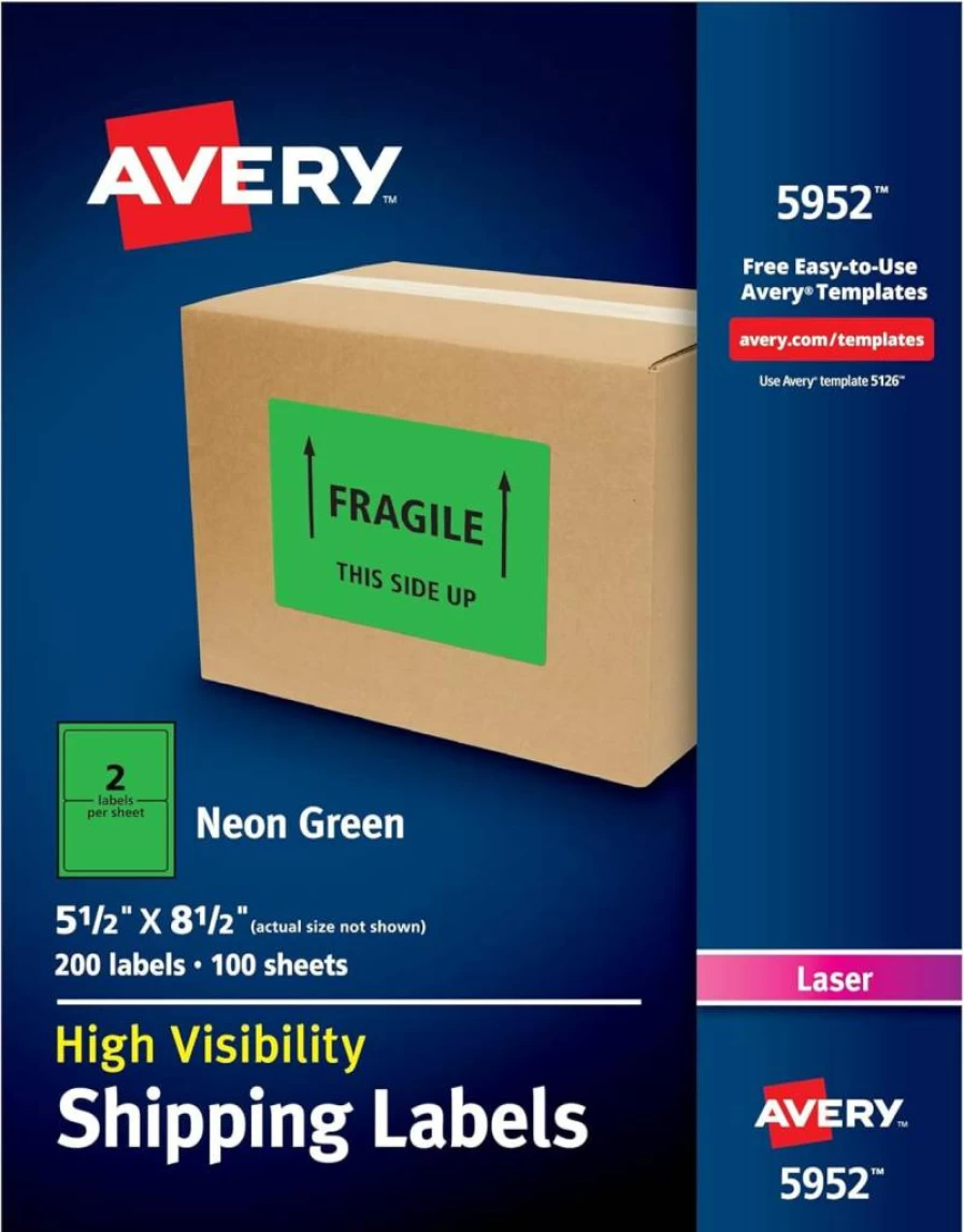 AVERY 5952 Neon Green Shipping Labels, 5.5" x 8.5", 200-Pack for Laser Printers