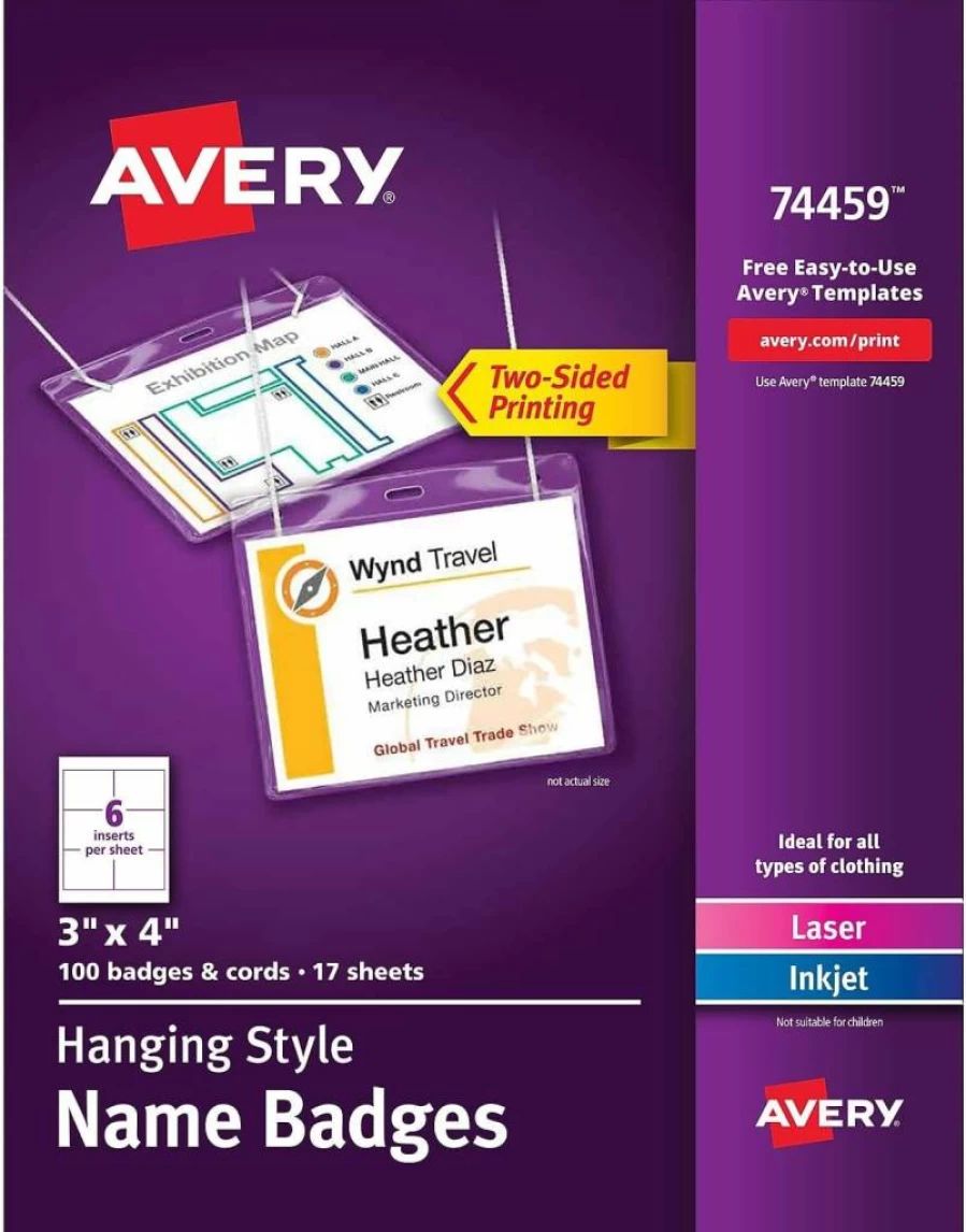 AVERY 74459 Name Badges with Lanyards - 3" x 4" Printable or Write-On Badge Holders, 100 Inserts, Reusable ID Card Holders for Events & Conferences