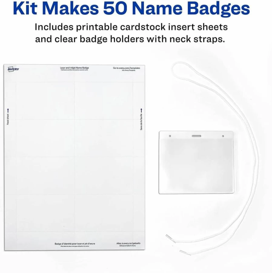 AVERY 74459 Name Badges with Lanyards - 3" x 4" Printable or Write-On Badge Holders, 100 Inserts, Reusable ID Card Holders for Events & Conferences