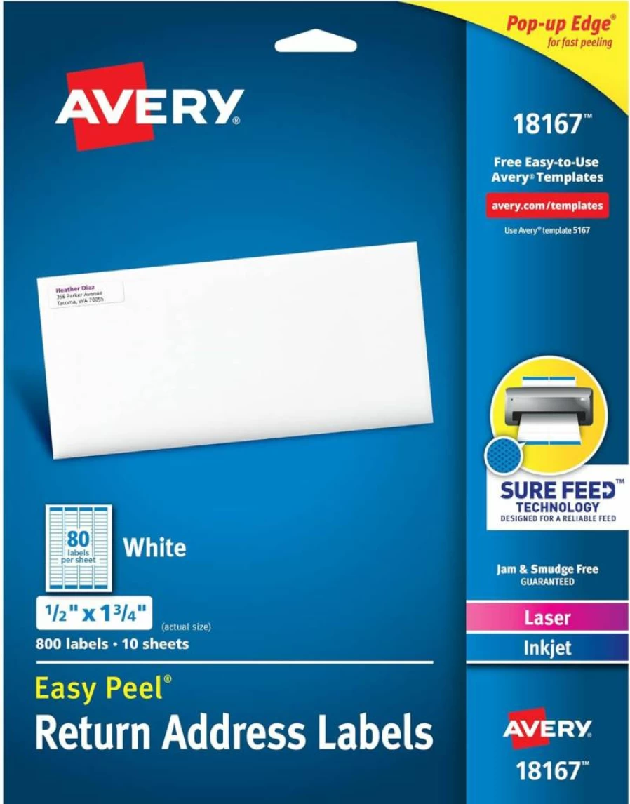 Avery 18167 Sure Feed Printable Return Address Labels, 0.5" x 1.75", White, 800 Blank Mailing Labels for Laser/Inkjet Printers