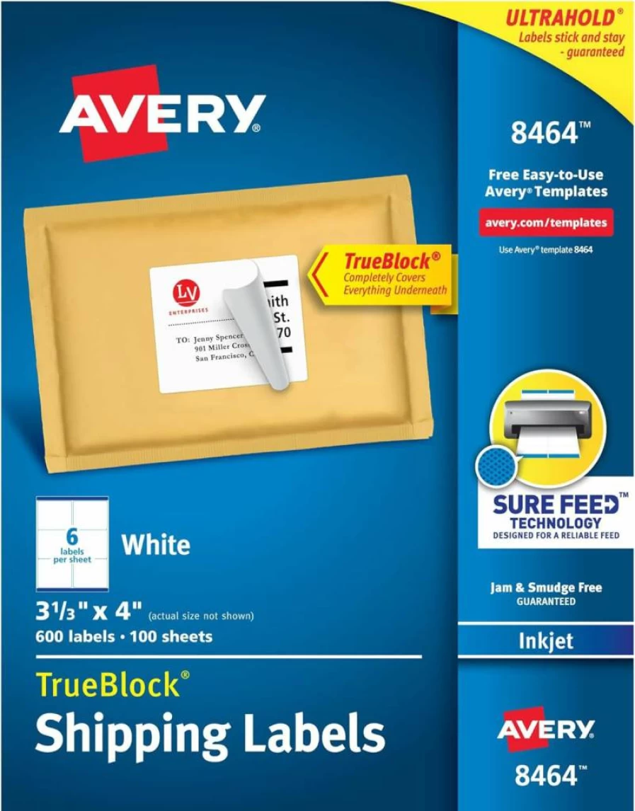 Avery 8464 Printable Shipping Labels, 3-1/3" x 4", White, 600 Blank Mailing Labels with Sure Feed Technology
