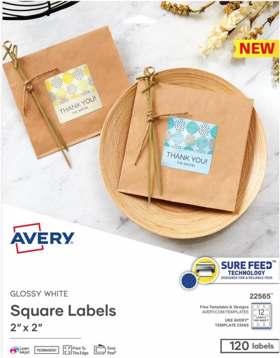 AVERY 22565 Glossy White Printable Labels, 2" x 2" Square Sticker Sheets, 120 Customizable Adhesive Labels for Inkjet & Laser Printers