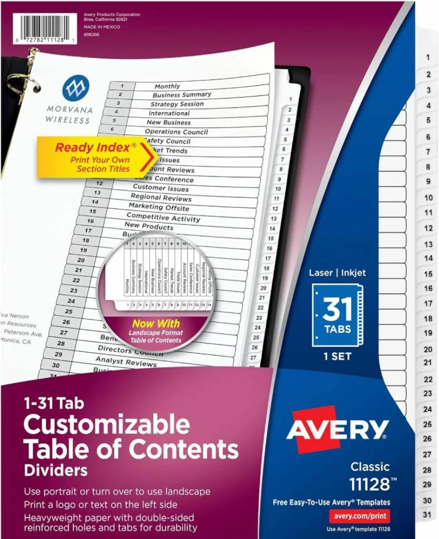 Avery 11128 1-31 Tab Dividers for 3-Ring Binders, Customizable White Index Tabs with Table of Contents, 1 Set