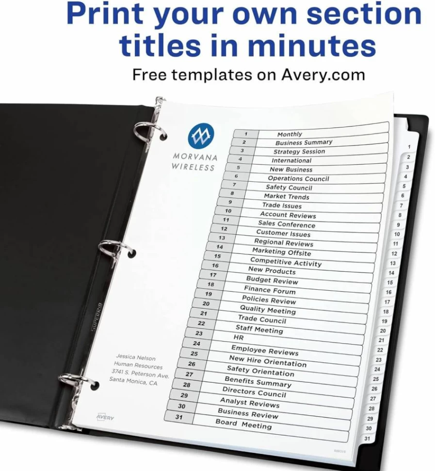 Avery 11128 1-31 Tab Dividers for 3-Ring Binders, Customizable White Index Tabs with Table of Contents, 1 Set