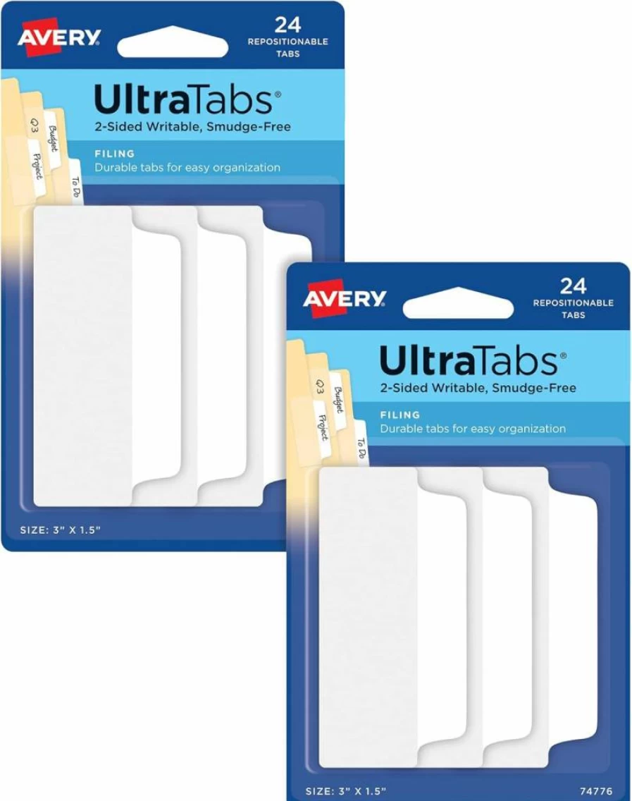 Avery Ultra Tabs Self-Adhesive File Tabs, 3" x 1.5", 2-Side Writable White Labels, 24 Tabs per Pack, 2-Pack (48 Tabs Total) - 74776