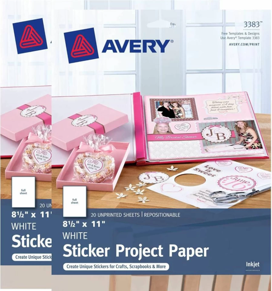 AVERY Matte White Printable Sticker Paper, 8.5" x 11", 40 Repositionable Sheets for Inkjet Printers, Ideal for Shipping Labels & Product Labels, 2-Pack (3383)