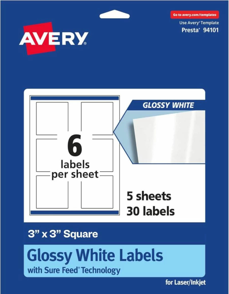 Avery 36480 Glossy White 3" x 3" Square Labels with Sure Feed Technology, 30-Pack