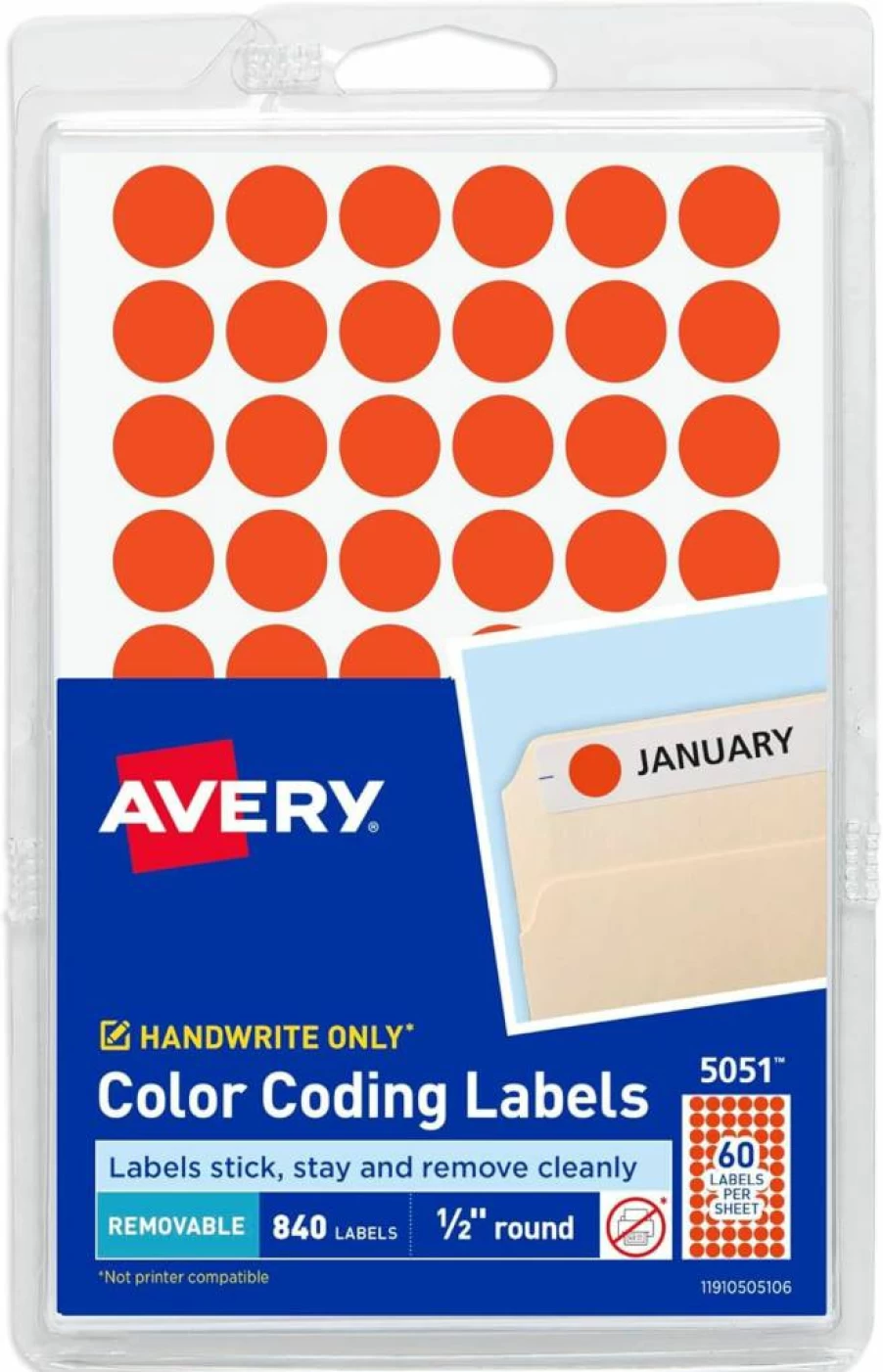 AVERY 5051 Neon Coral Removable Dot Labels, 1/2 Inch Round Color-Coding Stickers, Non-Printable, 840 Count Pack