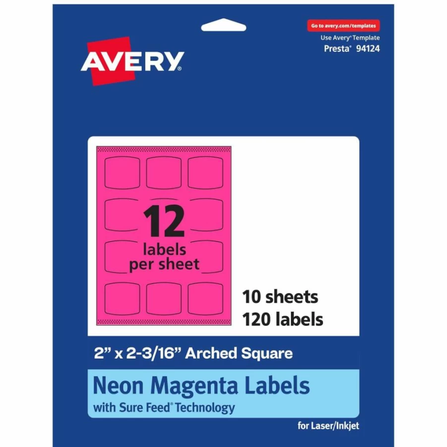 AVERY Neon Magenta Printable Labels, 2" x 2-3/16" Arched Square, Sure Feed Technology, 240-Pack, Laser/Inkjet Compatible, Print-To-The-Edge, Ideal for Cosmetics and Soaps