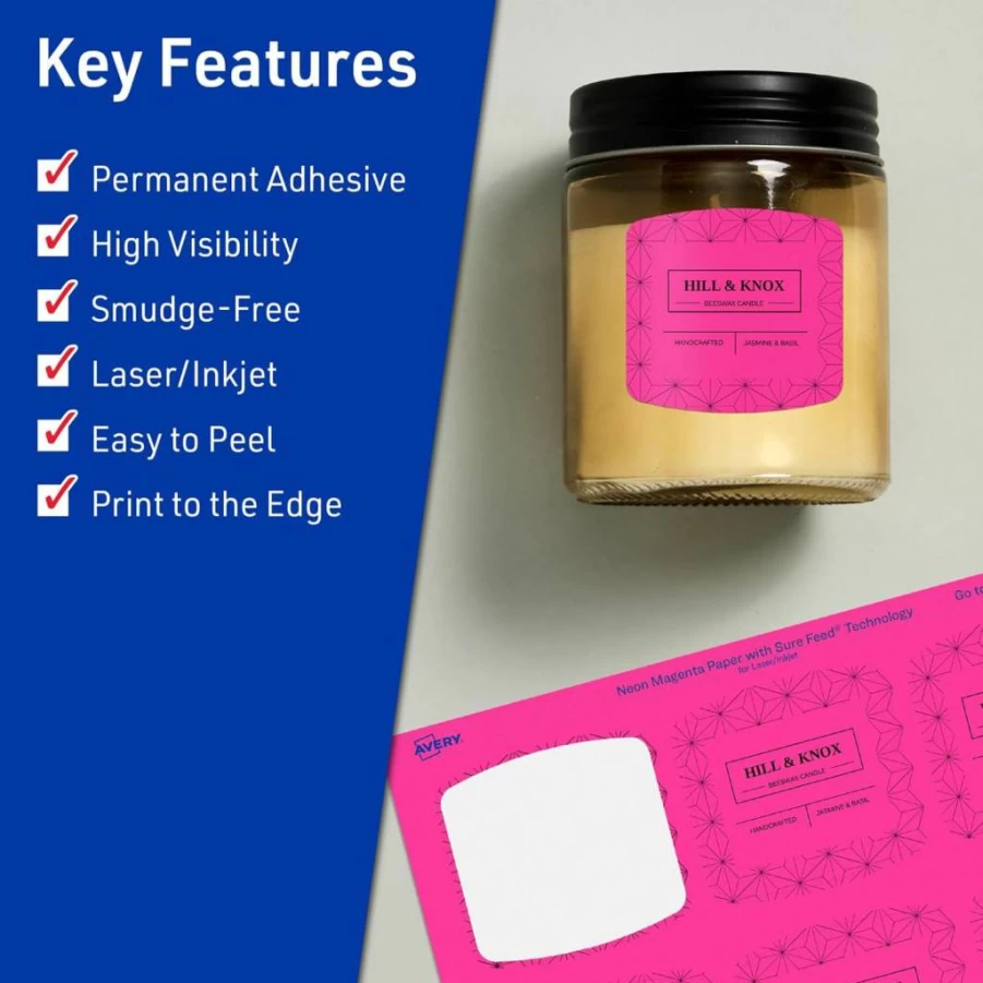AVERY Neon Magenta Printable Labels, 2" x 2-3/16" Arched Square, Sure Feed Technology, 240-Pack, Laser/Inkjet Compatible, Print-To-The-Edge, Ideal for Cosmetics and Soaps