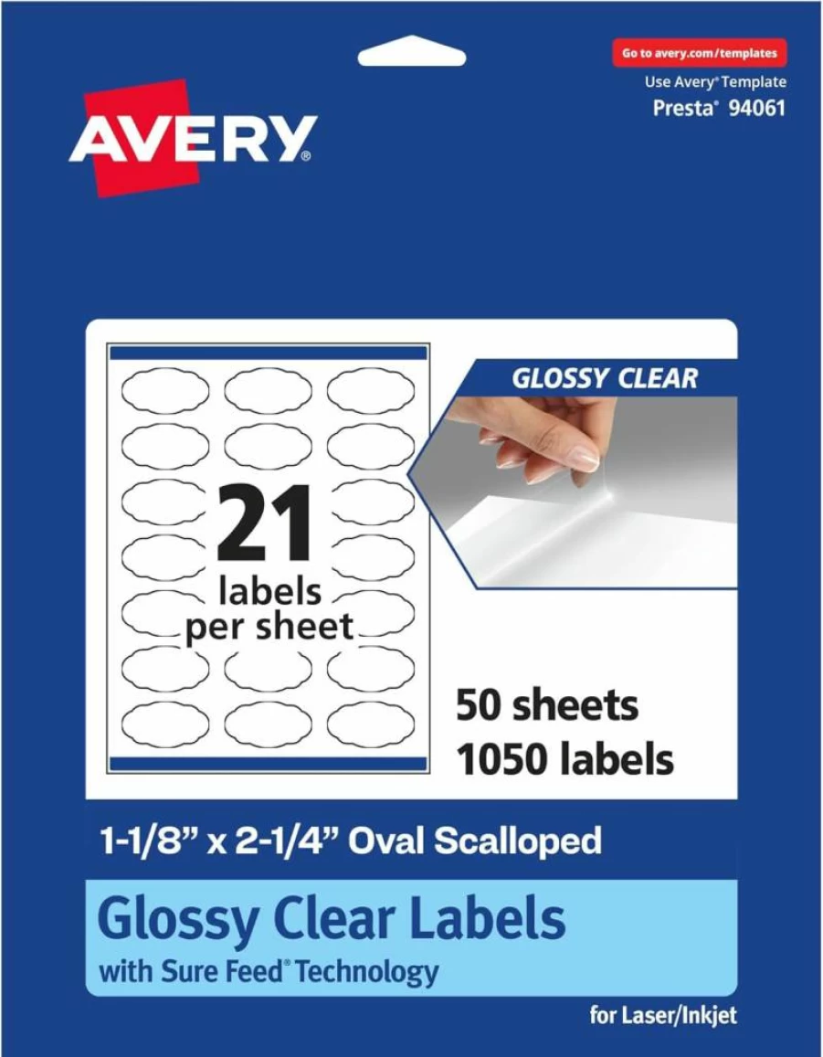 Avery Glossy Clear Oval Scalloped Labels 1-1/8" x 2-1/4" - 525 Pack, Sure Feed Technology, Print-To-The-Edge for Laser/Inkjet Printers