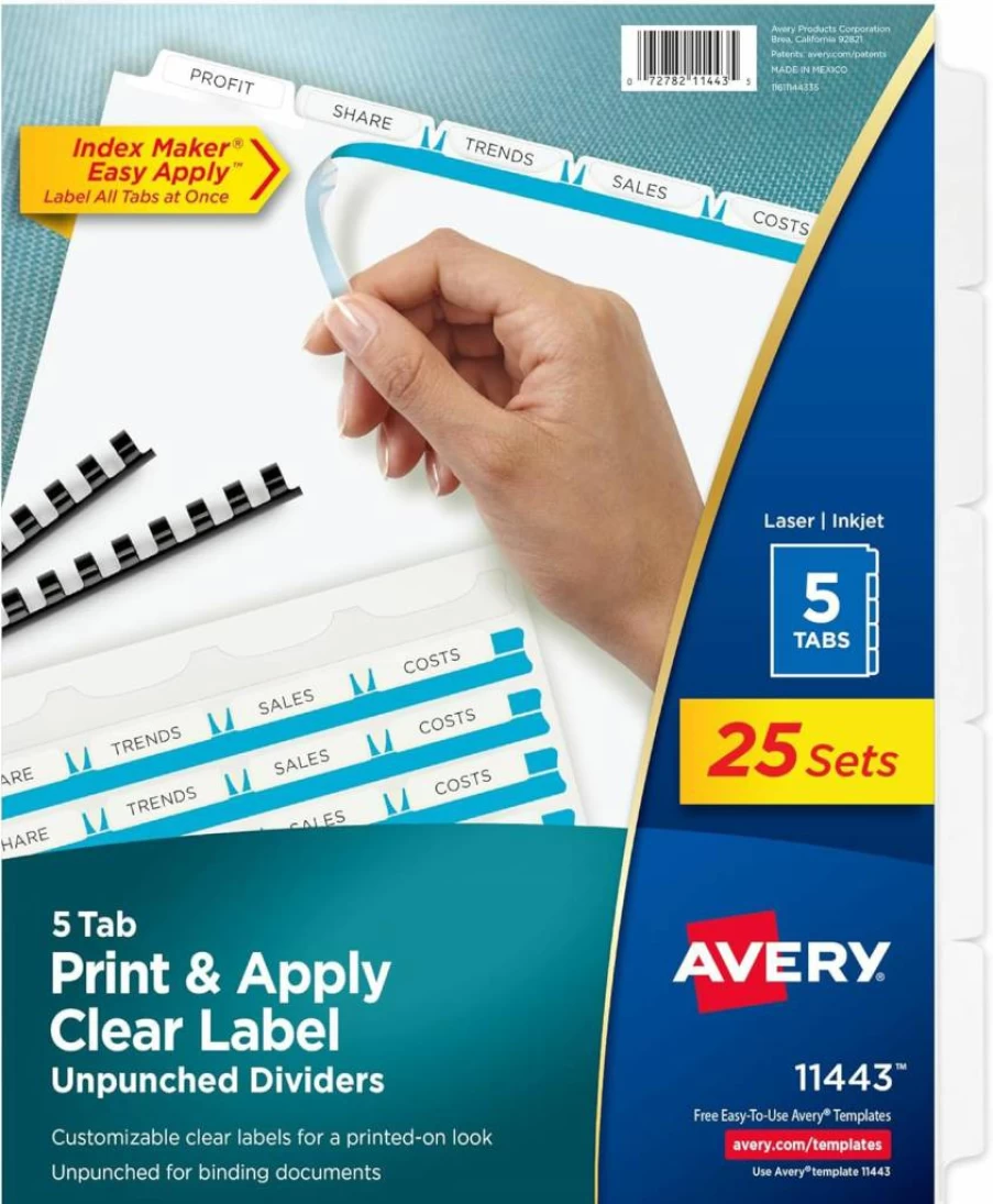 AVERY Printable Clear Label Dividers with Easy Apply Tabs, 5 White Index Tabs per Set, 25 Sets per Pack, Case of 6 (11433)