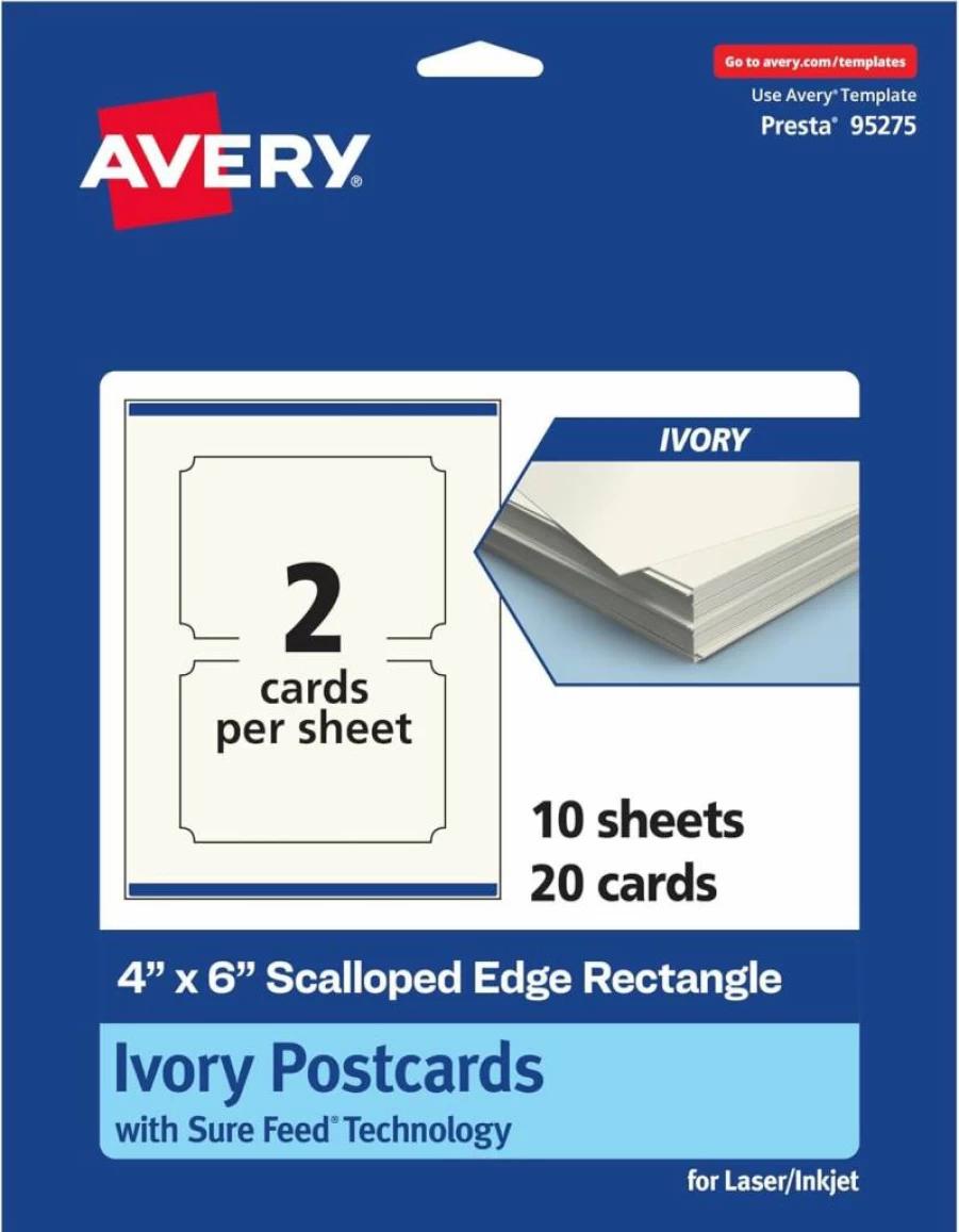 Avery Printable 4" x 6" Ivory Scalloped Edge Postcards with Sure Feed Technology – 100 Sheets for Laser/Inkjet Printers, Print-to-Edge Design