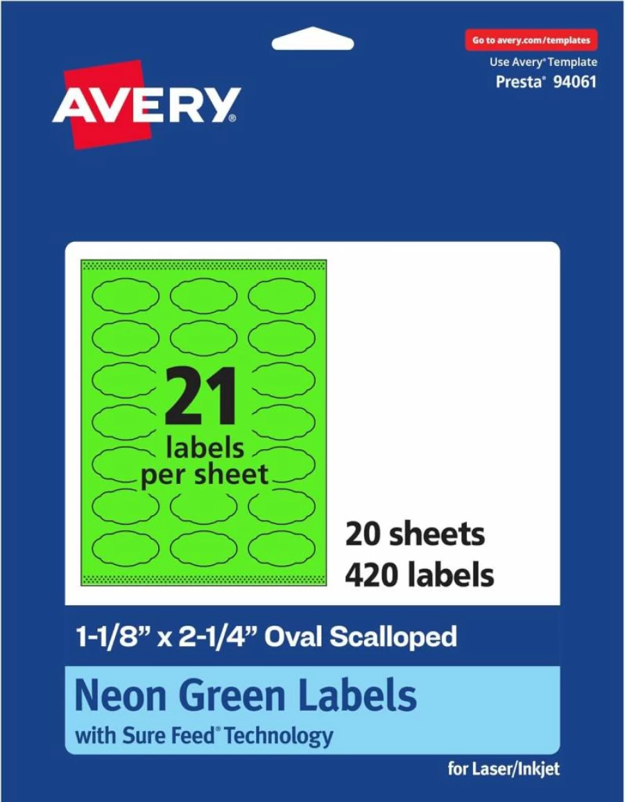 Avery Neon Green Printable Oval Scalloped Labels, 1-1/8" X 2-1/4", Sure Feed Technology, 210 Pack, Laser/Inkjet Compatible, Print-To-The-Edge, Ideal for Candles, Jars & DIY Projects