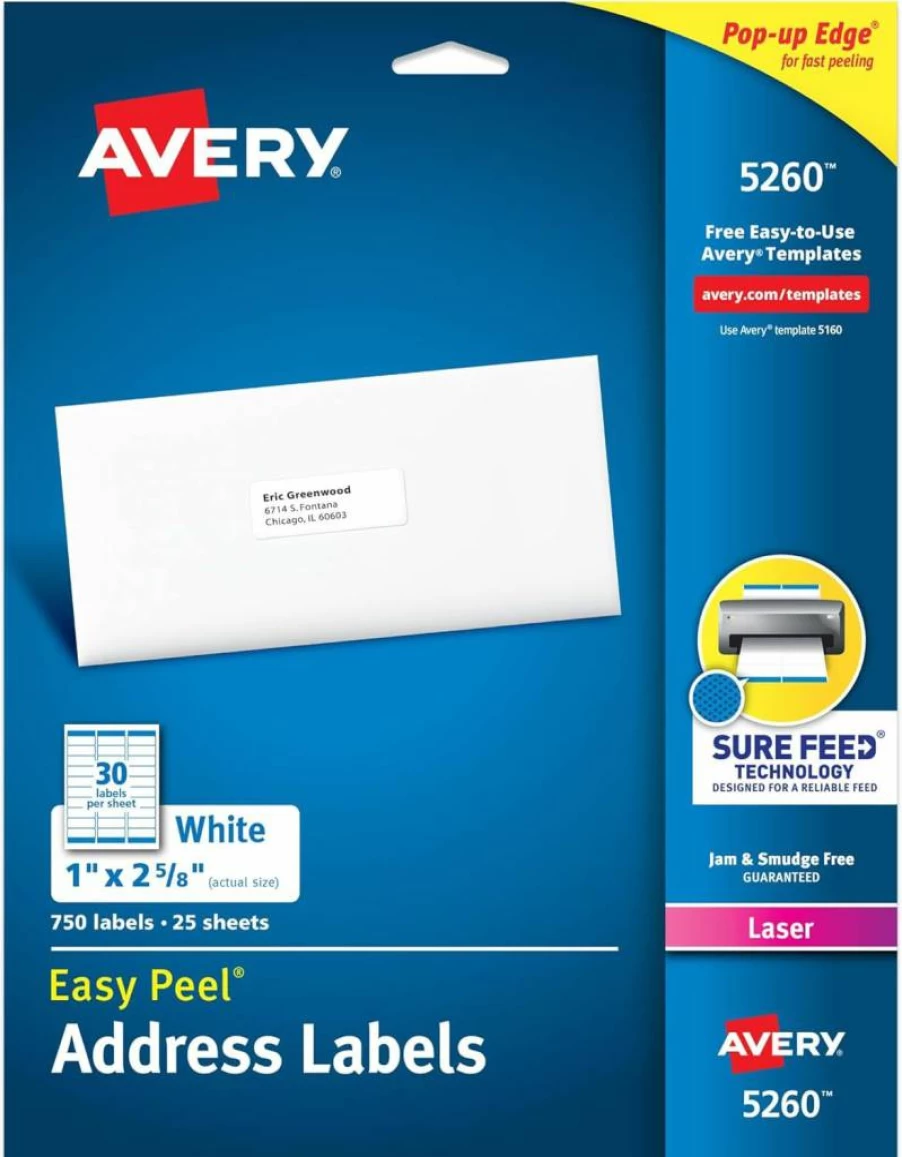 Avery 5260 Easy Peel Printable Address Labels, 1" x 2-5/8" White Mailing Stickers, 750 Blank Customizable Labels for Shipping, Mailing & More, Sure Feed Technology