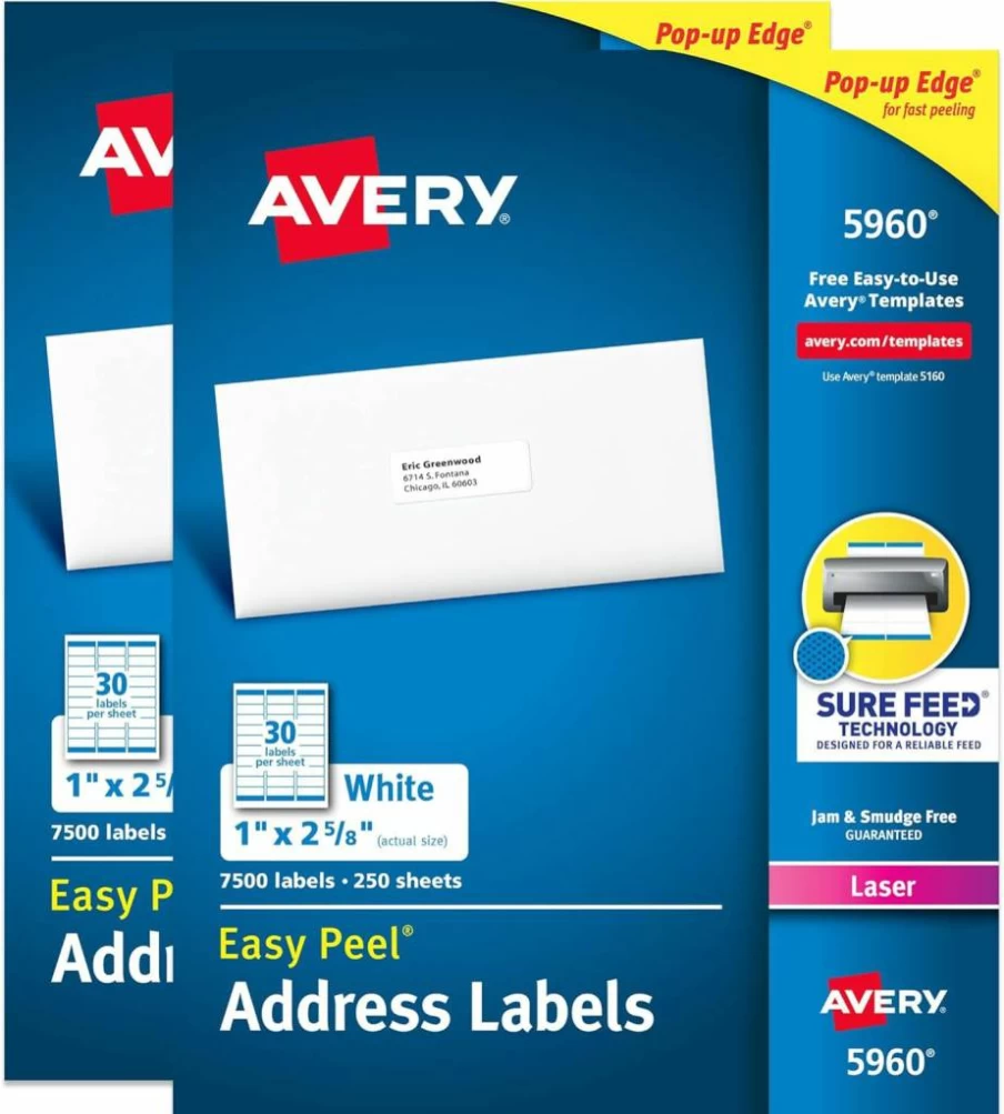 Avery 5960 Easy Peel Printable Address Labels, 1" x 2-5/8" White Mailing Stickers, 7,500 Blank Customizable Labels for Shipping, Mailing & More, Sure Feed Technology