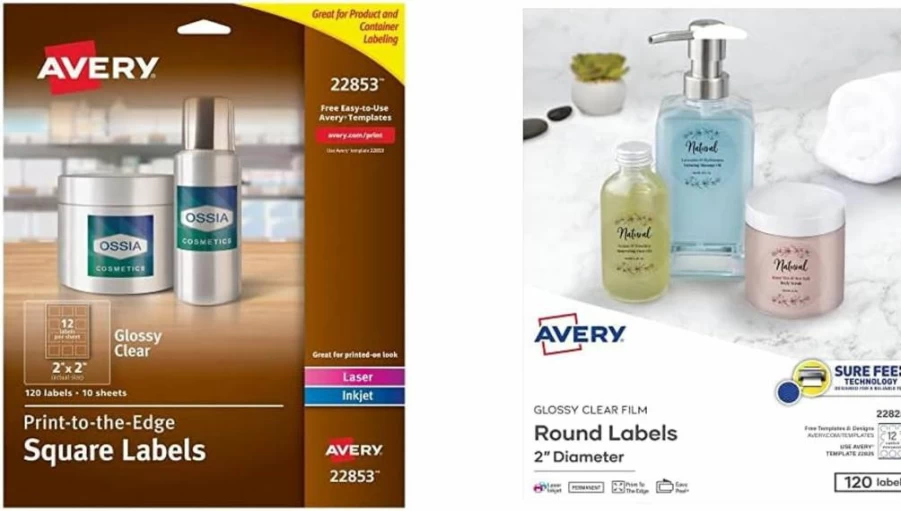 AVERY 22853 Glossy Clear Printable Labels, 2" x 2" Square, 120 Customizable Stickers for DIY & Organization