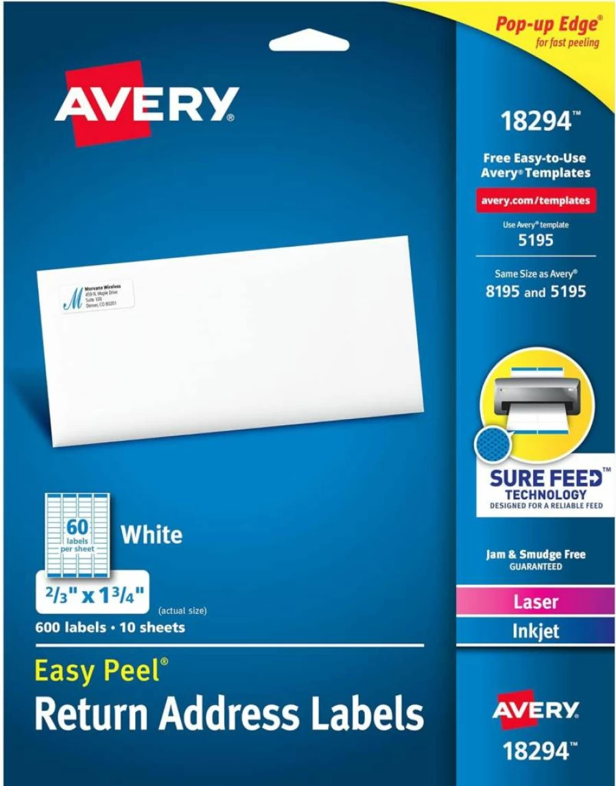 Avery 18294 Printable Return Address Labels, 2/3" x 1-3/4", White, 600 Blank Mailing Labels with Sure Feed Technology
