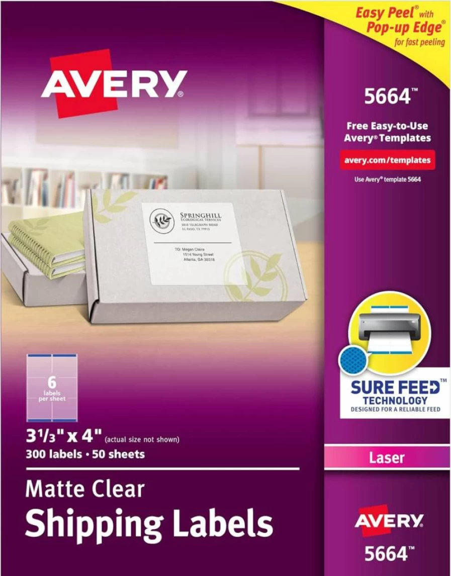 AVERY 5664 Printable Shipping Labels, 3-1/3" x 4", Matte Clear, 300 Blank Mailing Labels with Sure Feed Technology